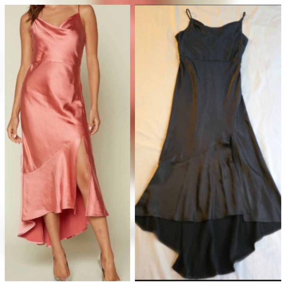 Skies Are Blue Black Satin Cowl Neck High Low Midi Dress Spaghetti Strap